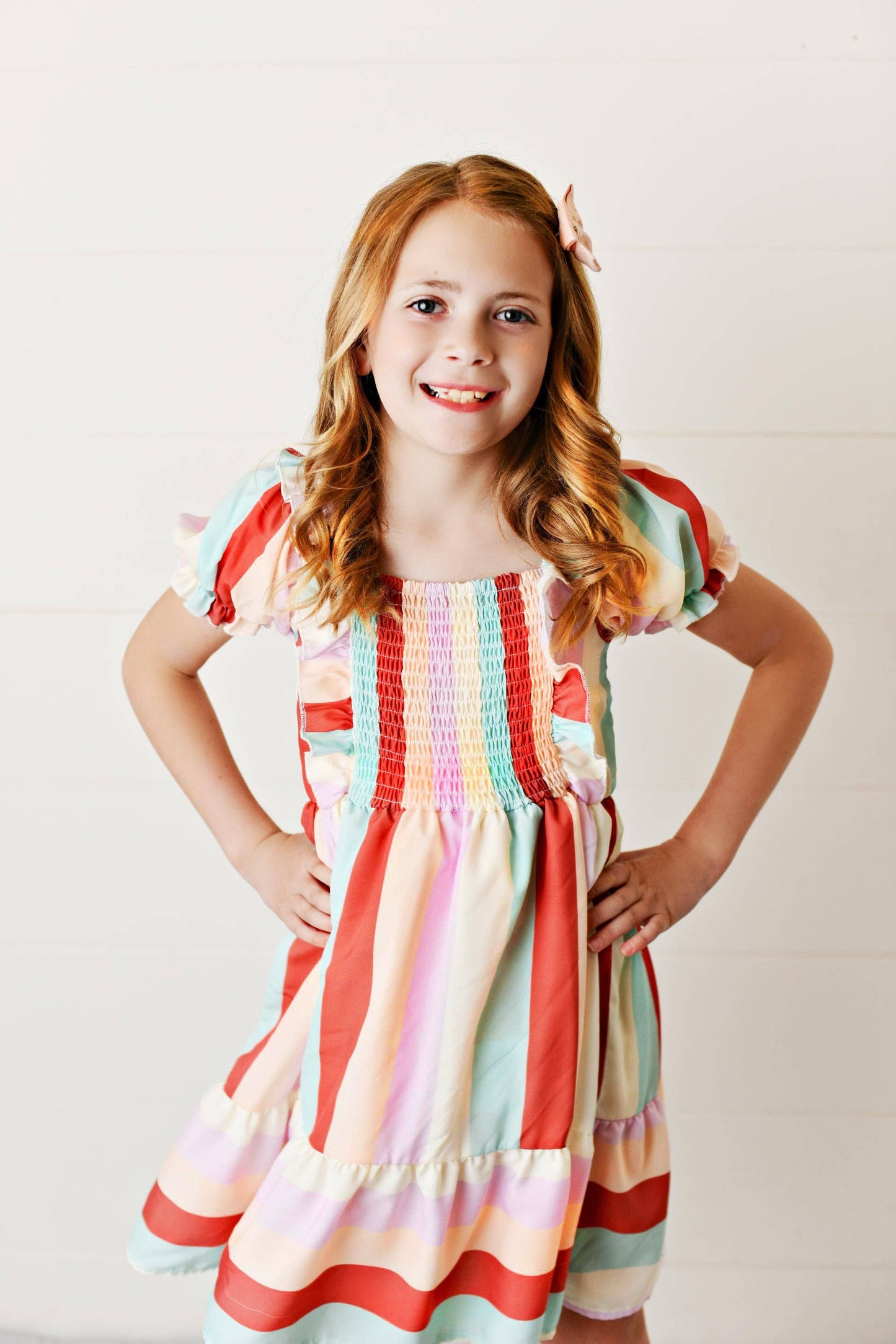 Rainbow Stripe Puff Sleeve Dress