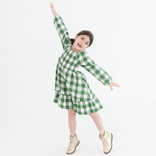 Plaid Long Sleeve Smocked Ruffle Hem Dress