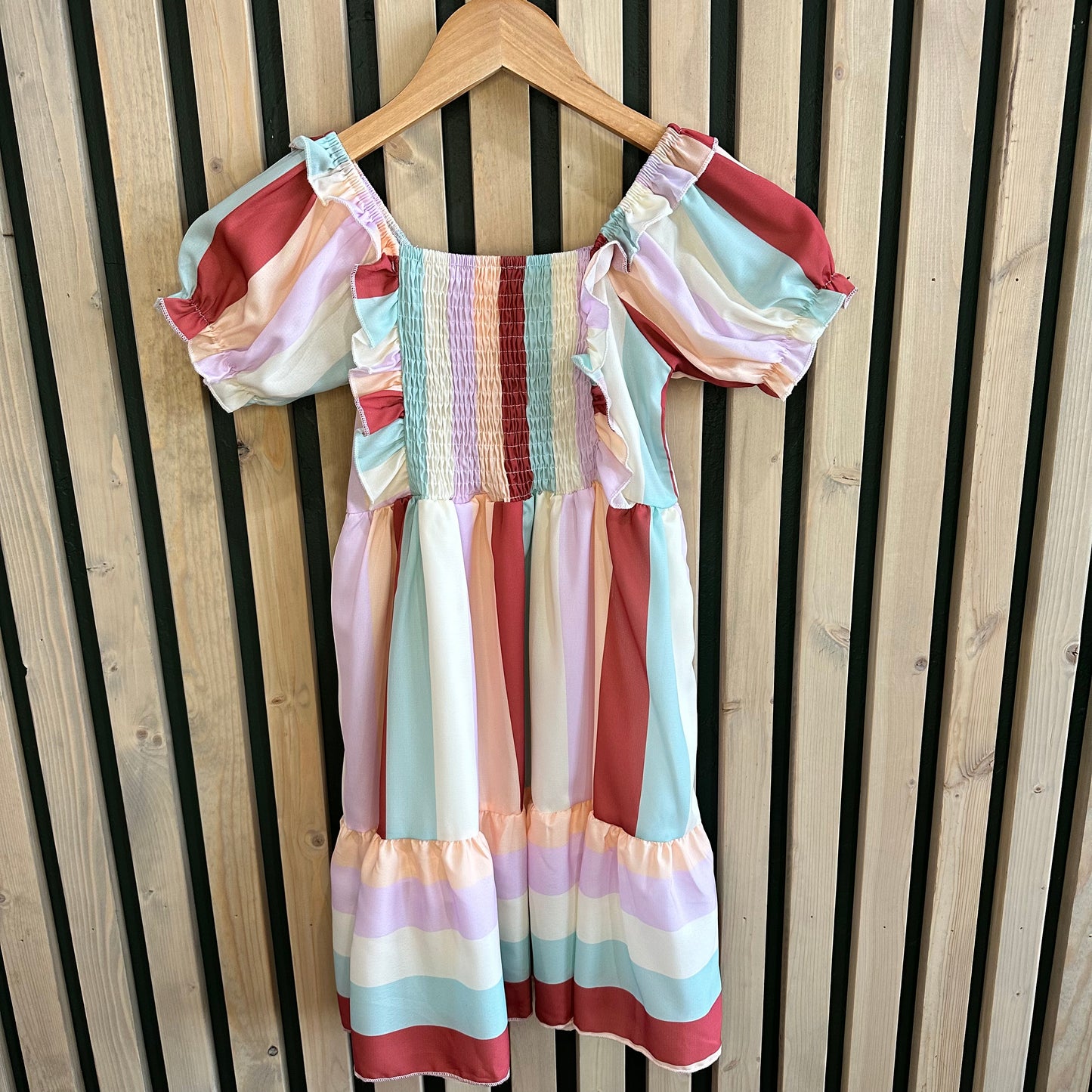 Rainbow Stripe Puff Sleeve Dress